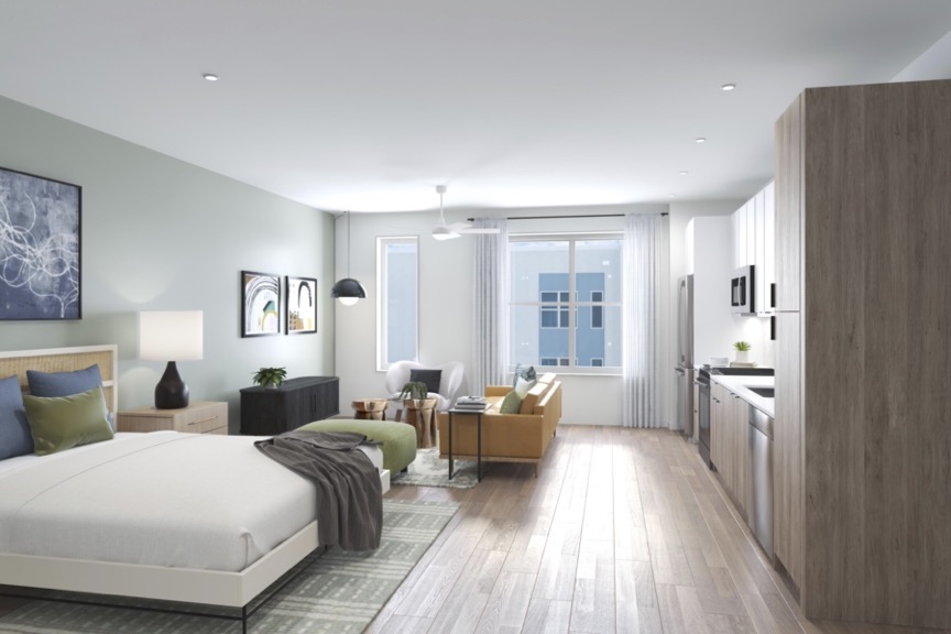 Sprinkled with Upscale Luxury - designer studio apartment interior with hardwood-inspired flooring